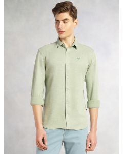 Sage Green Slim Fit Long Sleeves Spread Collar Solid Knitted Shirt