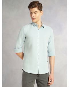 Sky Blue Slim Fit Long Sleeves Spread Collar Solid Knitted Shirt