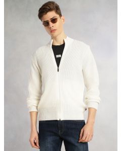White Regular Fit  Long Sleeves Zip Closure Mock Collar Acrylic Knitted Sweatshirt