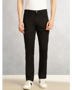 Black Regular Fit Mid-Rise Solid Woven Utility Cargo Trouser