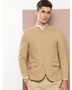 Beige1 Regular Fit Mandarin Collar Long Sleeves Solid Formal and Wedding Wear Bandhgala Blazer
