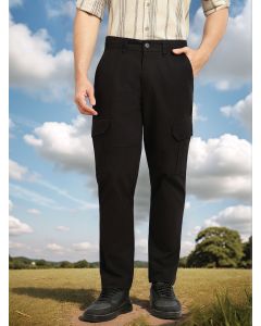 Black Cricket Club Collections Straight Fit Mid-Rise Solid 6 Pockets 100% Cotton Woven Cargo Trouser