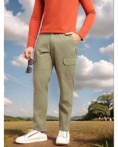 Green Cricket Club Collections Straight Fit Mid-Rise Solid 6 Pockets 100% Cotton Woven Cargo Trouser