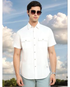 White Cricket Club Collection Slim Fit Short Sleeve Spread Collar 2 Flap Pockets Solid Design Cotton Twill Casual Shirt