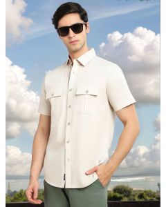 Beige Cricket Club Collection Slim Fit Short Sleeve Spread Collar 2 Flap Pockets Solid Design Cotton Twill Casual Shirt