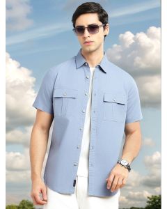 Blue Cricket Club Collection Slim Fit Short Sleeve Spread Collar 2 Flap Pockets Solid Design Cotton Twill Casual Shirt