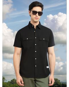 Black Cricket Club Collection Slim Fit Short Sleeve Spread Collar 2 Flap Pockets Solid Design Cotton Twill Casual Shirt
