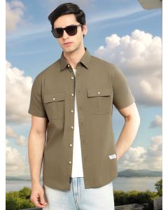 Olive Cricket Club Collection Slim Fit Short Sleeve Spread Collar 2 Flap Pockets Solid Design Cotton Twill Casual Shirt