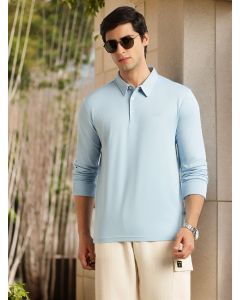 Blue Regular Fit Long Sleeves Solid Viscose Rayon Knitted Polo Collar Performance Tshirt