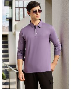 Lavender Regular Fit Long Sleeves Solid Viscose Rayon Knitted Polo Collar Performance Tshirt