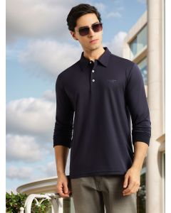 Navy Regular Fit Long Sleeves Solid Viscose Rayon Knitted Polo Collar Performance Tshirt