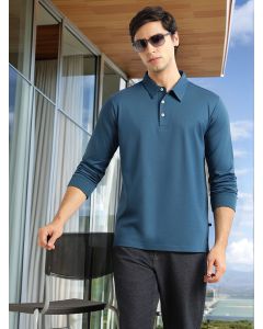 Teal Regular Fit Long Sleeves Solid Viscose Rayon Knitted Polo Collar Performance Tshirt
