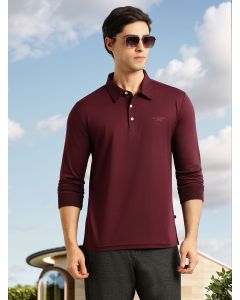 Wine Regular Fit Long Sleeves Solid Viscose Rayon Knitted Polo Collar Performance Tshirt
