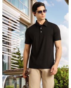 Black Regular Fit Short Sleeves Viscose Rayon Solid Knitted Polo Collar Performance Tshirt