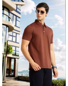 Coffee Brown Regular Fit Short Sleeves Viscose Rayon Solid Knitted Polo Collar Performance Tshirt