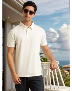 Off White Regular Fit Short Sleeves Viscose Rayon Solid Knitted Polo Collar Performance Tshirt