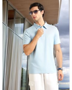 Sky Blue Regular Fit Short Sleeves Viscose Rayon Solid Knitted Polo Collar Performance Tshirt