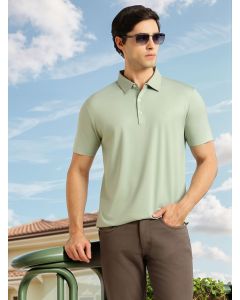 Sage Green Regular Fit Short Sleeves Solid Viscose Rayon Knitted Polo Collar Performance T-shirt