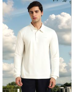 Off White Regular Fit Long Sleeves Solid Viscose Rayon Knitted Polo Collar Performance Tshirt