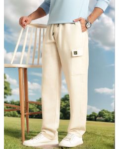 Cream Regular Fit Mid-Rise Linen Cargo Trouser with Drawstring Closure , 5 Pocket Design