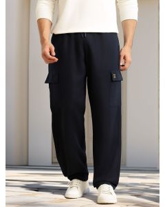 Navy Regular Fit Mid-Rise Linen Cargo Trouser with Drawstring Closure , 5 Pocket Design