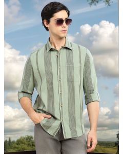 Green Cricket Club Collection Men's Striped Cotton Linen Shirt-Slim Fit, Long Sleeve, Spread Collar Casual Wear