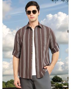 Brown Cricket Club Collection Slim Fit Cotton Linen Classic Striped Casual Wear Shirt for Men