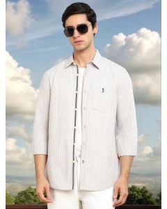 Grey Cricket Club Collection Slim Fit 100% Cotton Oxford Shirt with Vertical Stripes & Spread Collar