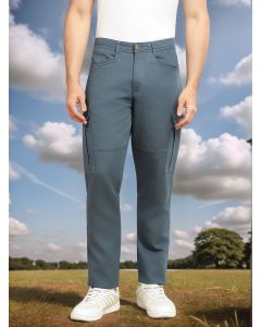 Mid Blue Regular Fit Mid-Rise Solid Woven Utility Cargo Trouser