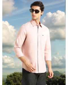 Pink Slim Fit Long Sleeves Solid Spread Collar 100% Cotton Twill Casual Shirt