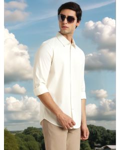 Cream Premium Slim Fit Long Sleeves Spread Collar Solid Casual Shirt