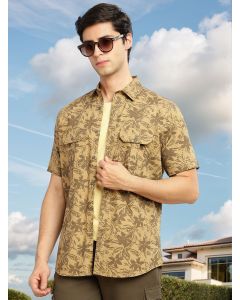 Khaki Slim Fit Short Sleeves Floral Printed Two Flap Chest Pockets Pure Cotton Casual Shirt for Men