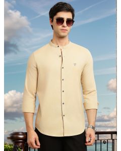 Khaki Slim Fit Long Sleeves Solid Mandarin Collar Cotton Linen Casual Shirt