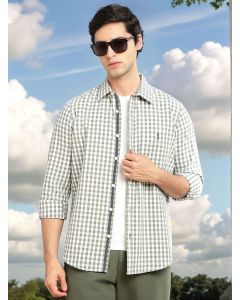 Green Cricket Club Collection Slim Fit 100% Cotton Oxford Shirt with Gingham Checks & Spread Collar
