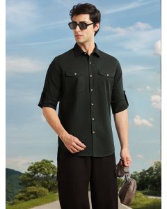 Bottle Green1 Regular Fit Long Roll-Up Sleeves Spread Collar Solid 100% Cotton Casual Shirt