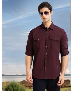 Wine Slim Fit Long Sleeves Spread Collar Solid 100% Cotton Twill Casual Shirt