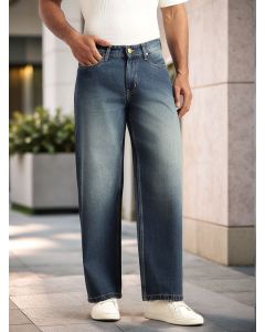 Dark Blue Mid-Rise Medium Shade Light Fade Baggy Fit Clean Look 5 Pocket Design Non Stretchable Jeans
