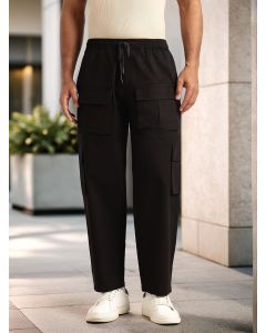 Black Relaxed Loose Fit 100% Cotton Solid Drawstring Closure Woven Cargo Trouser