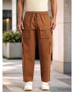 Brown Relaxed Loose Fit 100% Cotton Solid Drawstring Closure Woven Cargo Trouser