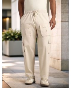 Cream Relaxed Loose Fit 100% Cotton Solid Drawstring Closure Woven Cargo Trouser