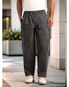 Dark Grey Relaxed Loose Fit 100% Cotton Solid Drawstring Closure Woven Cargo Trouser