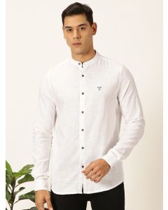 White Slim Fit Long Sleeves Solid Mandarin Collar Cotton Linen Casual Shirt