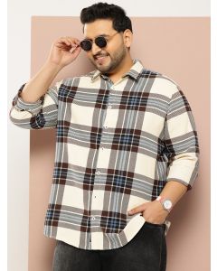 Cream Plus Size Regular Fit Long Sleeves Spread Collar Windowpane Checks 100% Cotton Casual Shirt