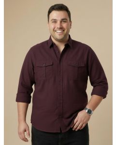 Wine Cotton Casual Shirt-Regular Fit Long Sleeve Textured Shirt with Spread Collar & Flap Pockets
