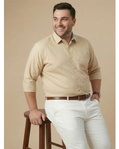 Beige Plus Size Smart Long Sleeves Regular Fit Spread Collar Solid 100% Cotton Formal Shirt