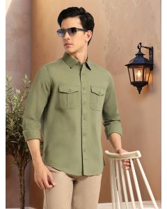 Olive Cricket Club Collection Men's Slim Fit Cotton Casual Shirt-Dual Flap Pocket