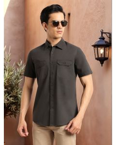 Steel Grey Men's Cricket Club Collection Premium Slim Fit Casual Shirt-Dual Flap Pockets With Short Sleeves