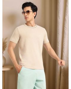 Beige Regular Fit Short Sleeves Round Neck Solid Knitted Tshirt