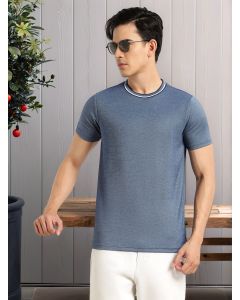 Navy Regular Fit Short Sleeves Round Neck Solid Knitted Tshirt