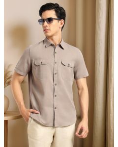 Grey Premium Short Sleeves Slim Fit Spread Collar 2 Flap Pockets Solid Cotton Linen Casual Shirt